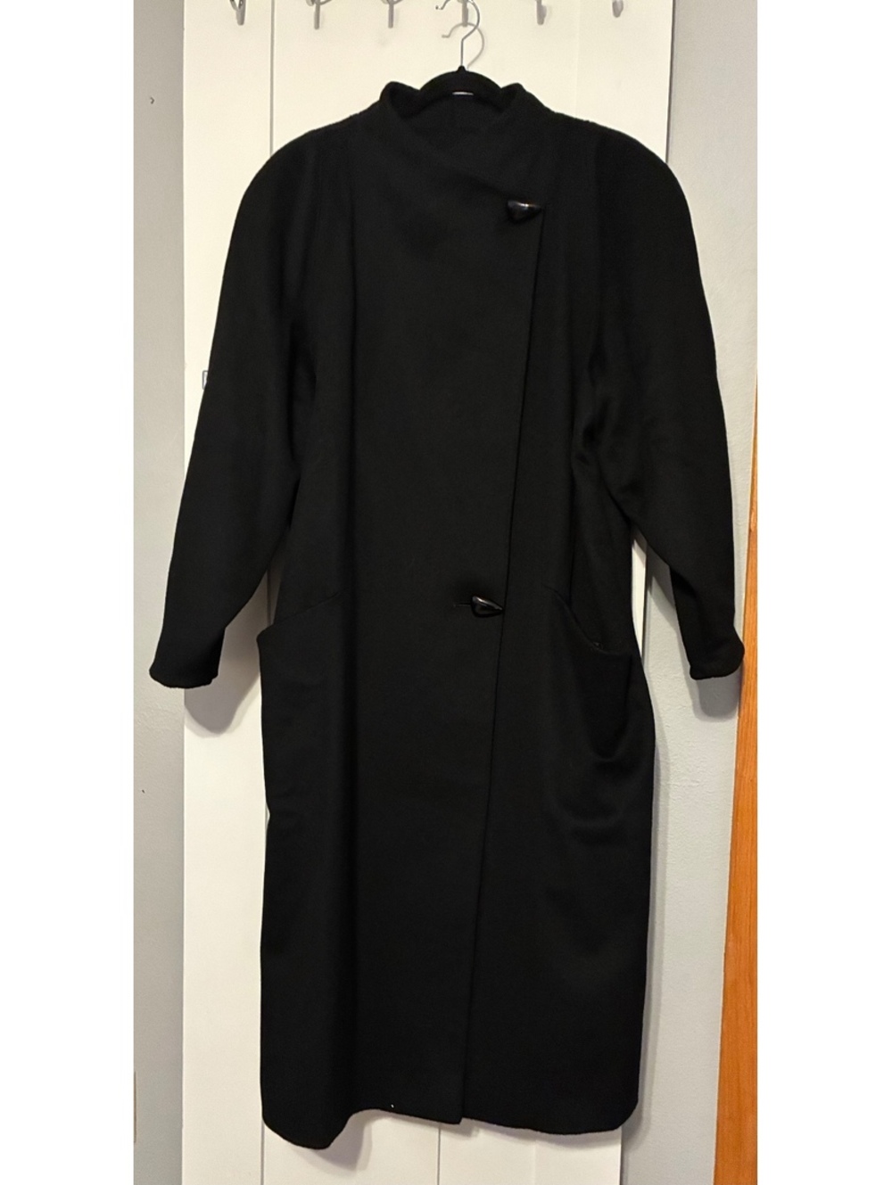 Vintage Tailored by Manchester Black Long Wool Coat Asymmetrical Button Size 18